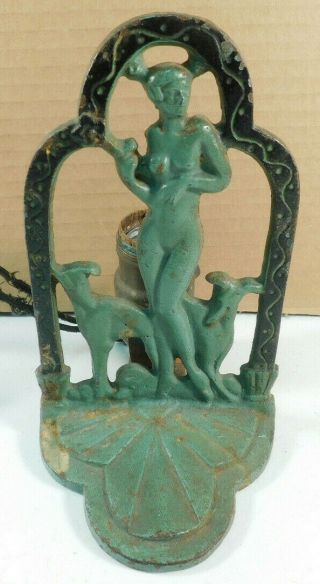 Vintage Art Deco Metal Nude Woman With Dogs Table Lamp