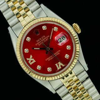 Mens Rolex Watch Datejust 16013 18k Yellow Gold & Steel Red Roman Diamond Dial