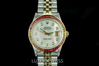 Mens Rolex Watch Datejust 16013 18k Gold & Steel MOP w Diamonds Colored Sapphire 10