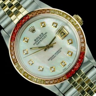 Mens Rolex Watch Datejust 16013 18k Gold & Steel Mop W Diamonds Colored Sapphire