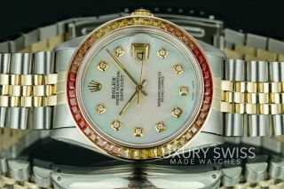 Mens Rolex Watch Datejust 16013 18k Gold & Steel MOP w Diamonds Colored Sapphire 2