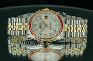 Mens Rolex Watch Datejust 16013 18k Gold & Steel MOP w Diamonds Colored Sapphire 3