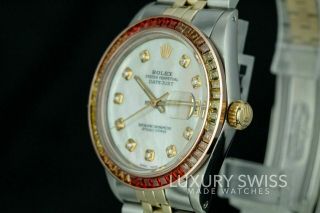 Mens Rolex Watch Datejust 16013 18k Gold & Steel MOP w Diamonds Colored Sapphire 8
