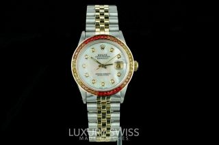 Mens Rolex Watch Datejust 16013 18k Gold & Steel MOP w Diamonds Colored Sapphire 9