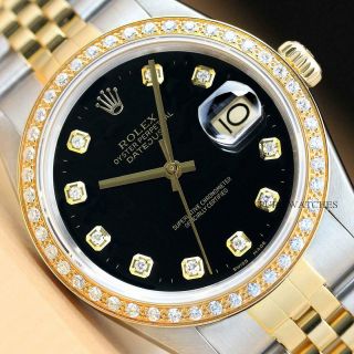 Rolex Mens Datejust 18k Yellow Gold Stainless Steel Diamond Watch Black