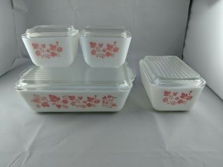 Vintage Pyrex Gooseberry White/pink 8pc Refrigerator Casserole Dish Set