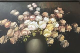 Rare Ann Julia Rant Vintage Oil Painting on Canvas Roses in Vase Signed 36”x 24” 10