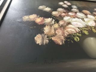 Rare Ann Julia Rant Vintage Oil Painting on Canvas Roses in Vase Signed 36”x 24” 11