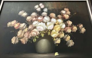 Rare Ann Julia Rant Vintage Oil Painting On Canvas Roses In Vase Signed 36”x 24”