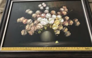 Rare Ann Julia Rant Vintage Oil Painting on Canvas Roses in Vase Signed 36”x 24” 5