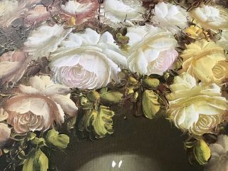 Rare Ann Julia Rant Vintage Oil Painting on Canvas Roses in Vase Signed 36”x 24” 6