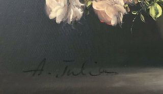 Rare Ann Julia Rant Vintage Oil Painting on Canvas Roses in Vase Signed 36”x 24” 7