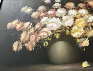 Rare Ann Julia Rant Vintage Oil Painting on Canvas Roses in Vase Signed 36”x 24” 9
