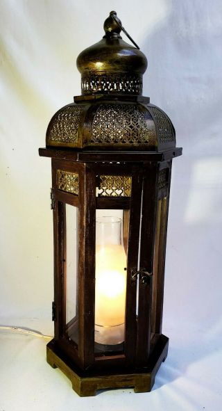 Vintage Moroccan Style Glass And Wood Hexagon Lantern Lamp With Metal Dome