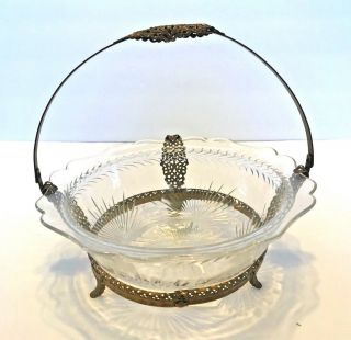 Antique Vintage Gold Filigree Ormolu Cut Glass Bowl With Handle 8.  5 " Candy