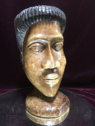 Folk Art African Woman Head Ebony Hand Carved Wood Vintage Sculpture Statue