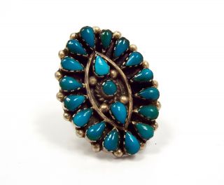Vintage Native American Sterling Silver Zuni Turquoise Cluster Ring,  Size 5.  75