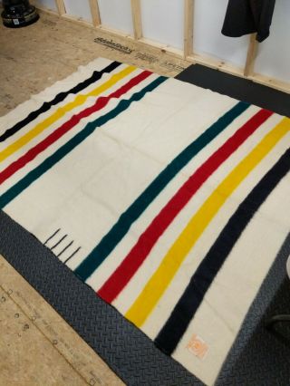Vintage Hudson Bay Wool Blanket Stripe 4 Point - 76” X 89” Made England