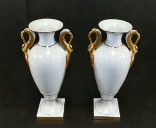 Vintage French Style Fine Porcelain Gilded Swan Handle Urn Vase Set