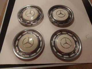 Set Of 4 - Vintage White Mercedes - Benz 15 " Stainless Steel Hubcaps