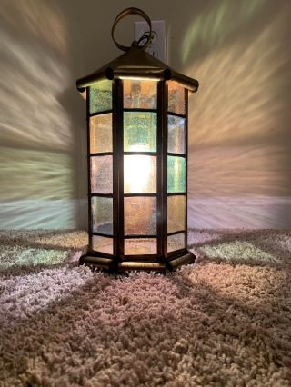 Vintage Antique Copper Brass Porch Light Stained Glass