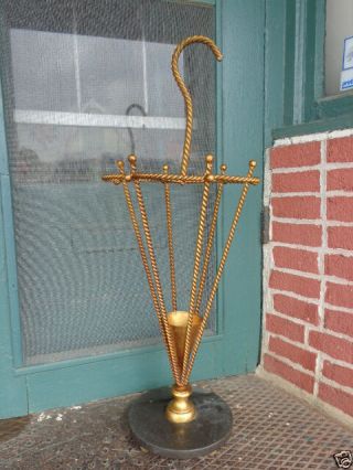Vintage Italian Gold Gilt Twisted Rope Black Onyx Umbrella Motif Umbrella Stand