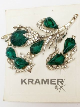 Vintage Old Stock Kramer " Flawed Emerald " Rhinestone Earrings & Brooch Set