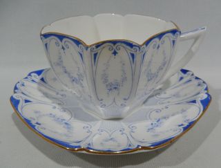 Vintage Shelley Blue Window Pane Garlands Art Deco Queen Anne Shape Cup & Saucer