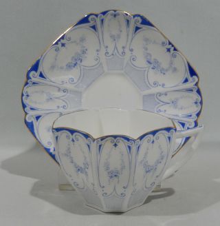 Vintage SHELLEY BLUE WINDOW PANE GARLANDS Art Deco Queen Anne Shape CUP & SAUCER 2