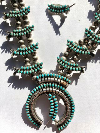 Vintage NAVAJO Sterling Silver Turquoise Squash Blossom Necklace / Earring SET 3
