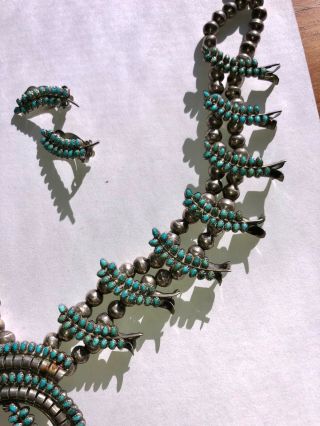 Vintage NAVAJO Sterling Silver Turquoise Squash Blossom Necklace / Earring SET 5