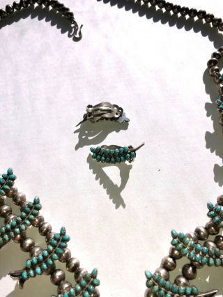 Vintage NAVAJO Sterling Silver Turquoise Squash Blossom Necklace / Earring SET 6
