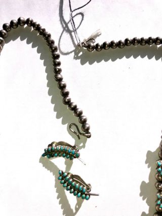 Vintage NAVAJO Sterling Silver Turquoise Squash Blossom Necklace / Earring SET 9