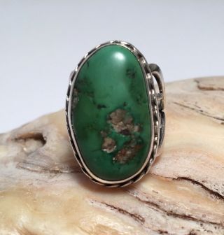 Vintage Signed " Eric " Native American Turquoise Sterling Silver Size 5 Green