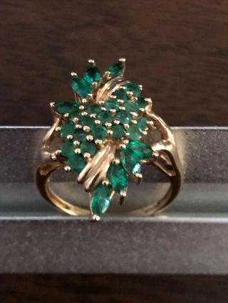 Vintage Emerald Marquise/round Cut Cluster Ring Yellow Gold 14k Sts Sz 7 3/4