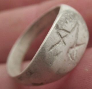 Ancient Roman Ar Silver Seal Ring With Pentagram On Bezel