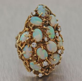 1970s Vintage 14k Yellow Gold Brutalist Freeform Fire Opal Diamond Cocktail Ring