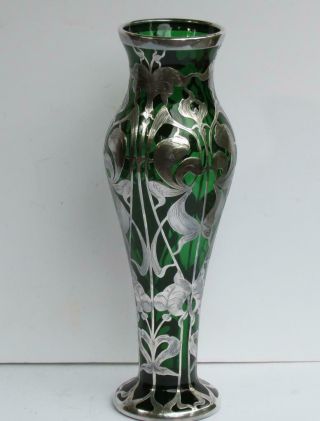 Fabulous Art Nouveau Emerald Green Glass With Silver Overlay 15 " Vase Loetz