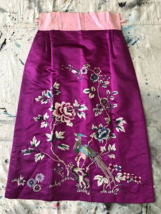 Vintage 1920s 1930s Chinese Purple Silk Floral & Bird Embroidered Skirt Republic 7