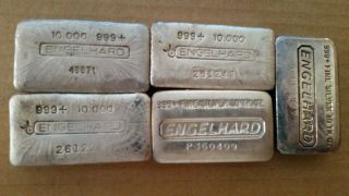 50 Oz Engelhard Silver Bullion - 5 Bars@10 Troy Oz.  (poured,  Vintage).  999 Fine