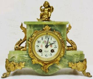 Antique French 8 Day Striking Gilt Metal & Green Onyx Cherub Figure Mantel Clock