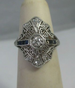 Vintage Art Deco Filigree Platinum Diamond Sapphire Ring Size 2.  75,