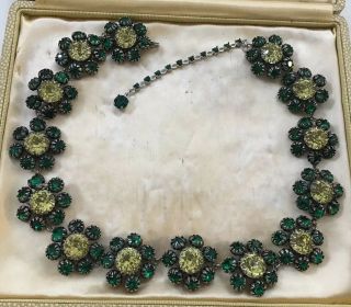 Rare Vintage Schreiner Statement Emerald Green Yellow Rhinestone Collar Necklace