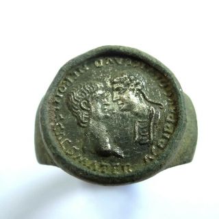 Roman Ancient Artifact Bronze And Silver Ring With Emperor Nero And Agrippina