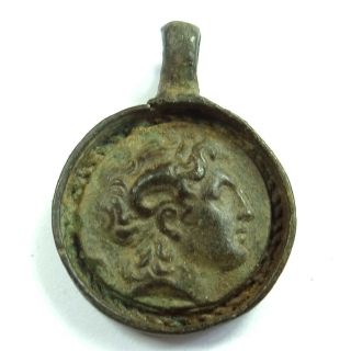 Macedonian Ancient Artifact Bronze Pendant With Alexander The Great