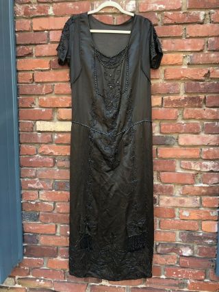 Antique Victorian Edwardian Black Silk Dress With Floral Pattern Jet Beading