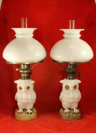Antique Victorian Dresden Porcelain Pr 15 " Owl Oil Lamps Glass Eyes Bird Marked