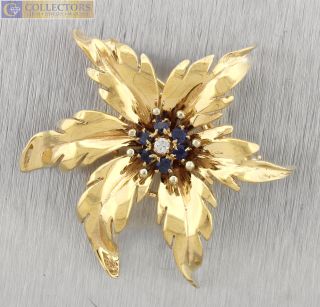 Vintage Estate Tiffany & Co.  14k Yellow Gold Flower Blue Sapphire Diamond Brooch