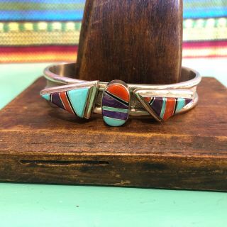 Vintage Signed Native American Sterling Silver Multi Stone Cuff Bracelet Bangle 2