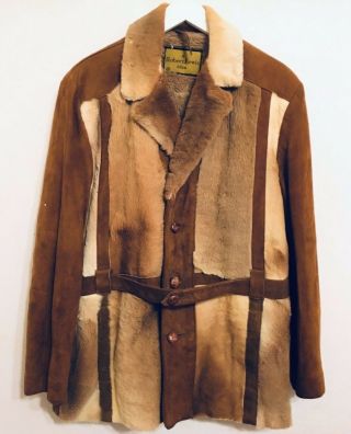 Vintage 1970 ' s ROBERT LEWIS IDEA Suede Leather Shearling Fur Coat Jacket Mens 40 2